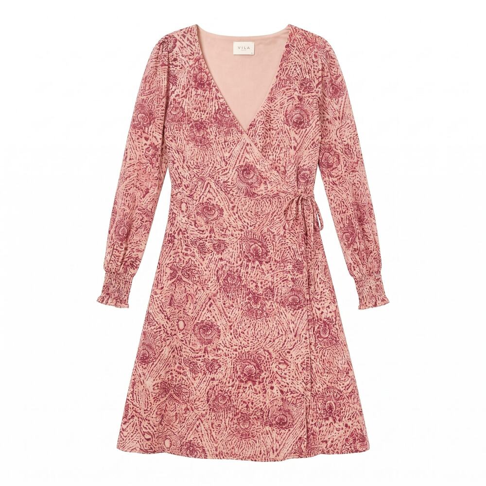 VILA Clothes Violika Pink Raspberry Medallion Print Wrap Midi Dress | US 4